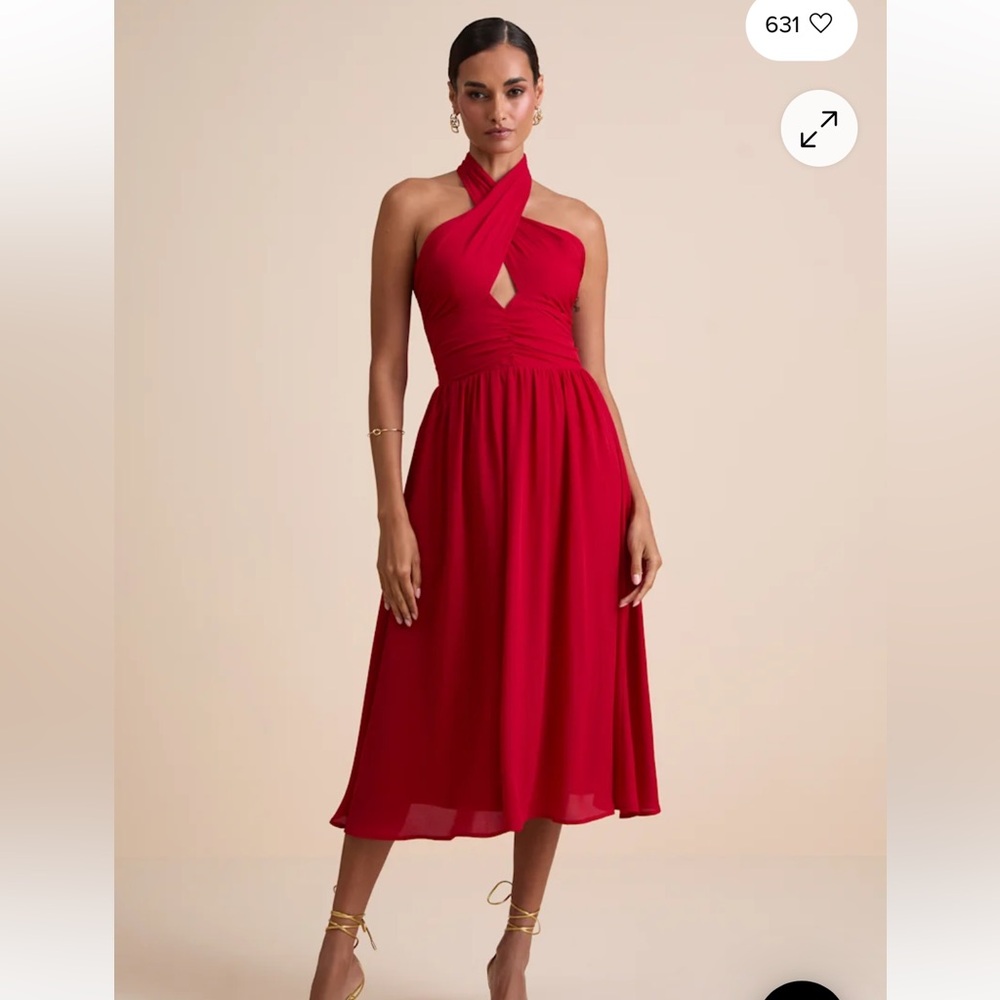 Lulu's Emrah Red Cross-Front Cutout Halter Midi Dress